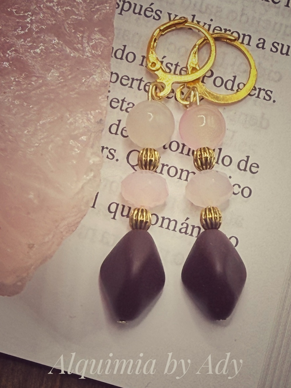 Rose quartz and Brown wood Bead Dangle Earrings with Gold Hoops